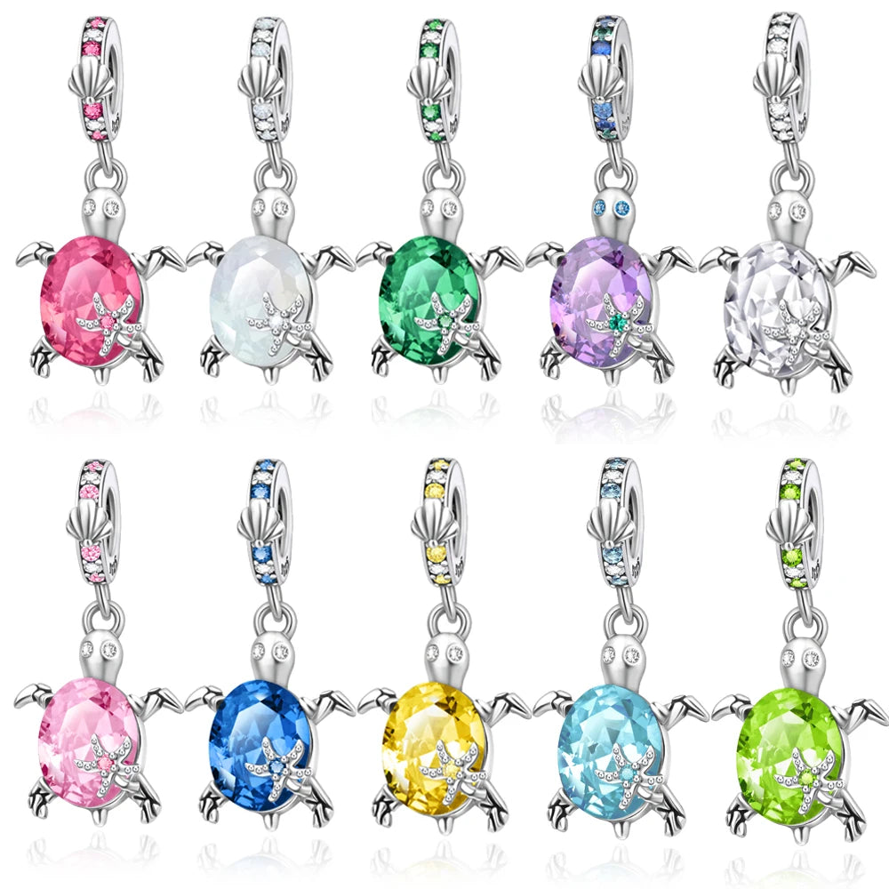 New Summer Ocean Colorful Crystal Murano Glass Sea Turtle Dangle Charm Fits Pandora Bracelet 925 Sterling Silver Fine Jewelry