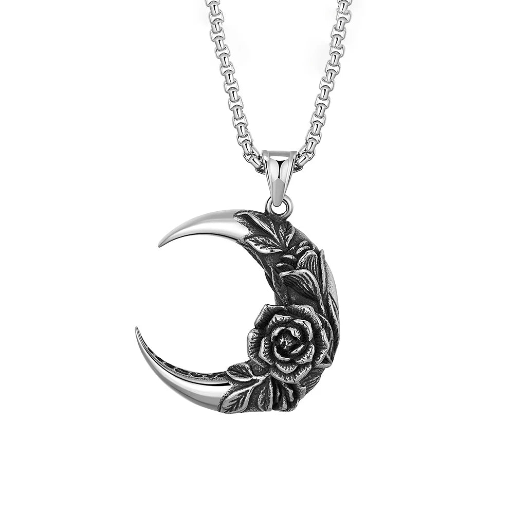 Punk Vintage 316L Edelstahl Mond Und Nacht Anhänger Mit Rose Für Männer Frauen Biker Mode Kreative Schmuck Geschenke Großhandel