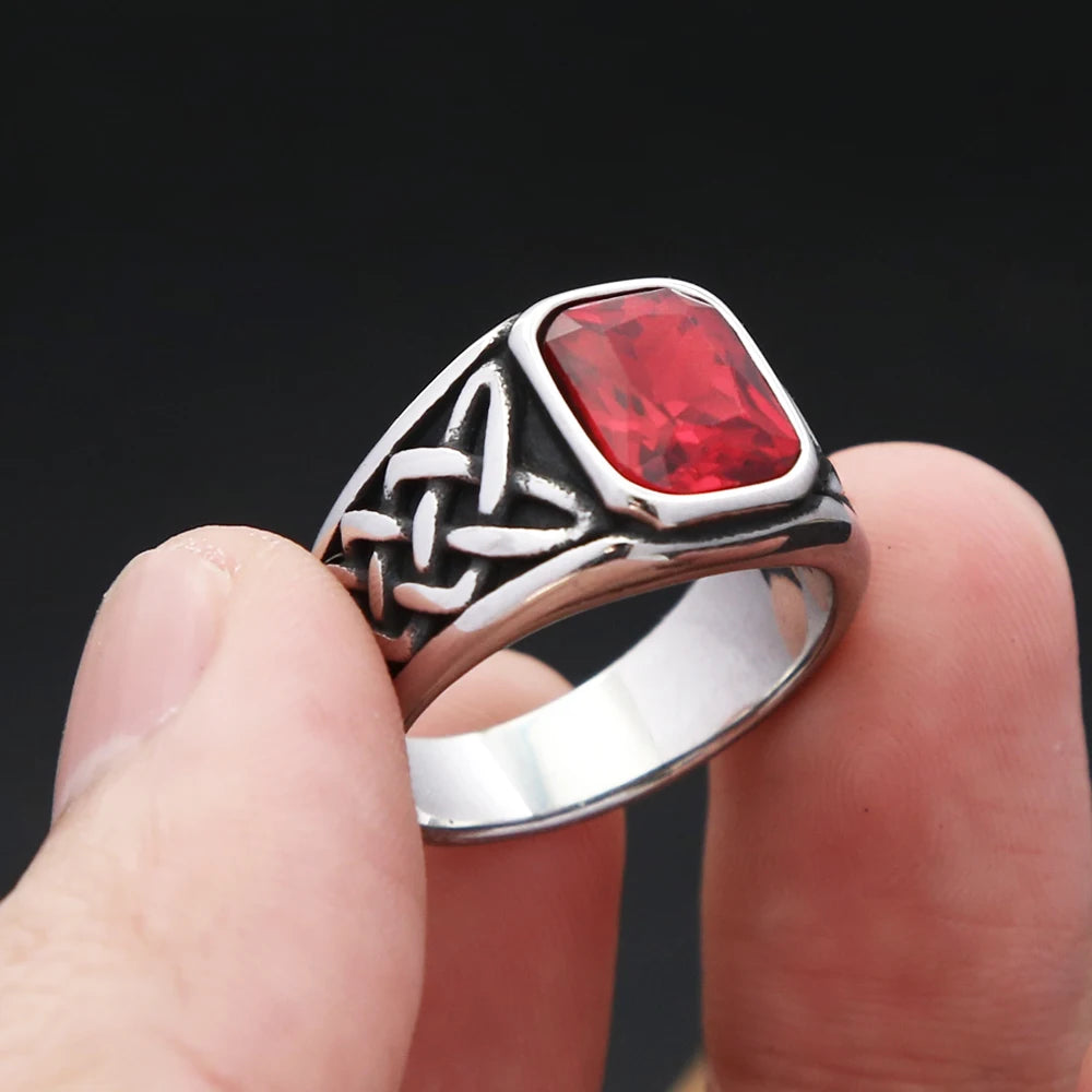 Punk Vintage Square Red Stone Signet Rings For Men Women Stainless Steel Nordic Vikings Knot Rune Ring Fashion Jewelry Wholesale