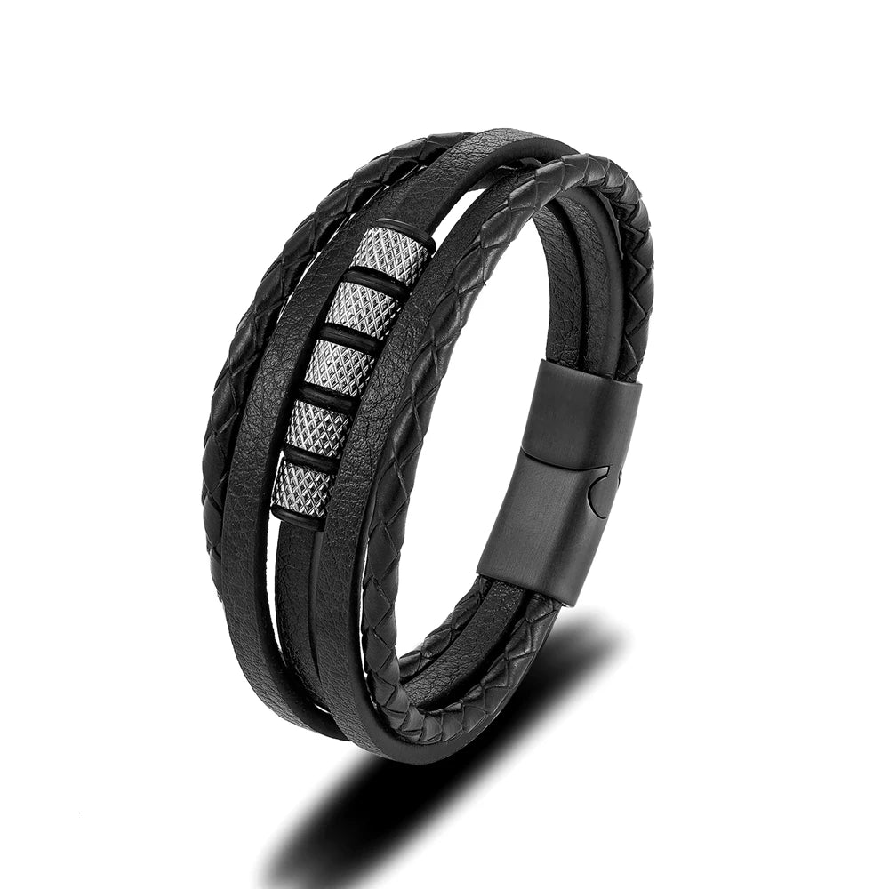 MKENDN Luxury Stainless Steel Beaded Bracelet Punk Men's Classic Multilayer Braided Leather Bracelet Black Buckle Homme Pulseras