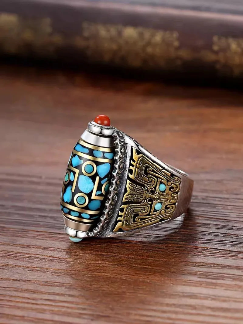 Japanese Buddhastone Silver Color Nine Eyed Bead Ring for Men