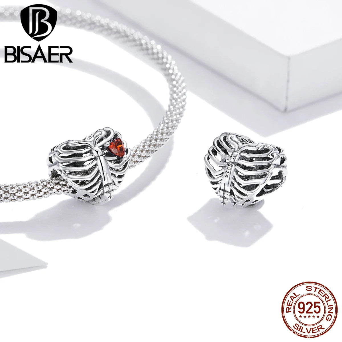 BISAER 925 Sterling Silver Love Oath Of Ribs Dangle Pendant Love Skeleton Charms Plata De Ley Sterling Silver Jewelry ECC1459