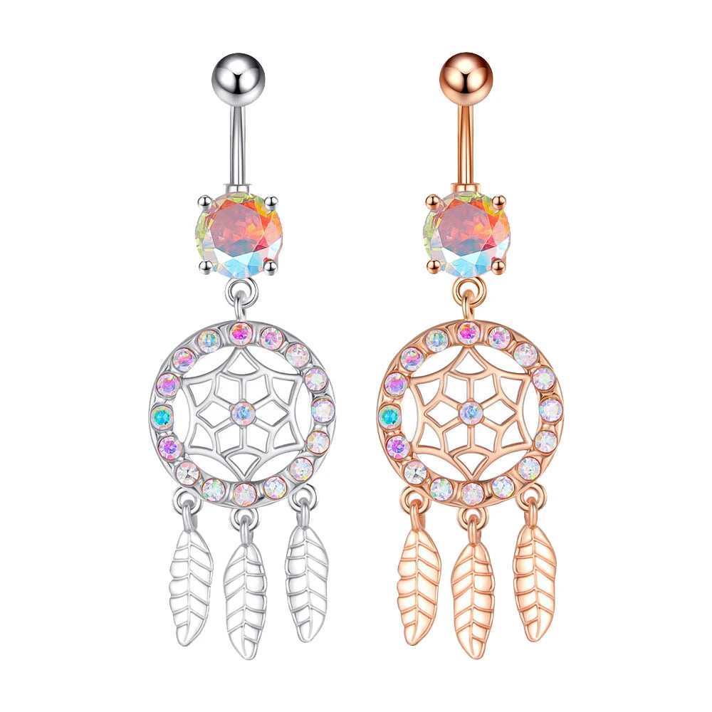 1PCS 316L Steel Dream Catcher Belly Button Rings Three-Leaf Navel Piercing Ring Navel Button Body Belly Piercing Jewelry 2022