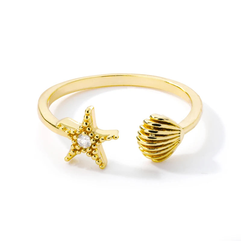 Ocean Starfish Shell Open Rings For Women Men Gold Color Stainless Steel Ring Wedding Couple Engaement Jewelry Summer Beach Gift