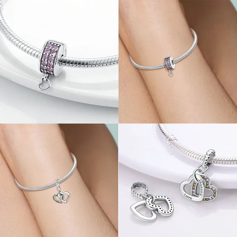 925 Sterling Silber Exquisite Anhänger Charms Rosa Herz Perle Charm Mädchen Schmuck Perlen DIY Geschenke für Frauen Armband Halskette