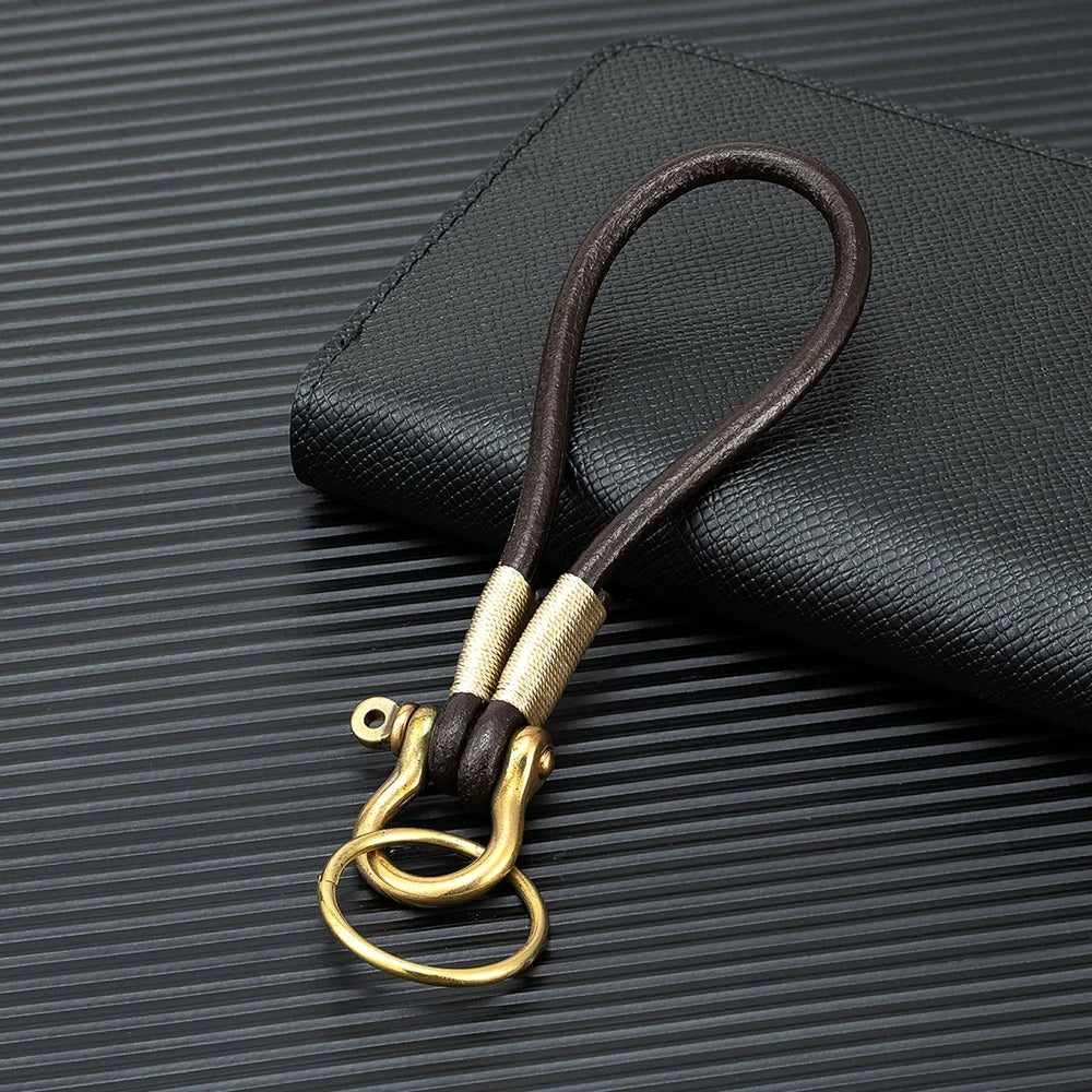 MKENDN Brass Shackle Solid U Lock Clasp With Screw Rod Handmade Genuine Leather Keychain Carabiner Hook Men Women FOB Gifts