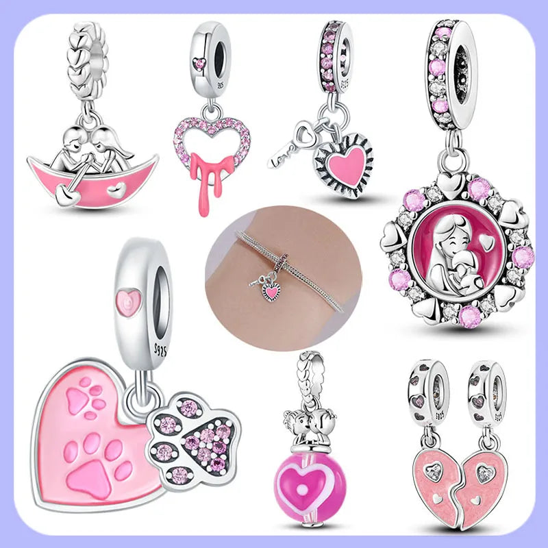 925 Sterling Silber Exquisite Anhänger Charms Rosa Herz Perle Charm Mädchen Schmuck Perlen DIY Geschenke für Frauen Armband Halskette