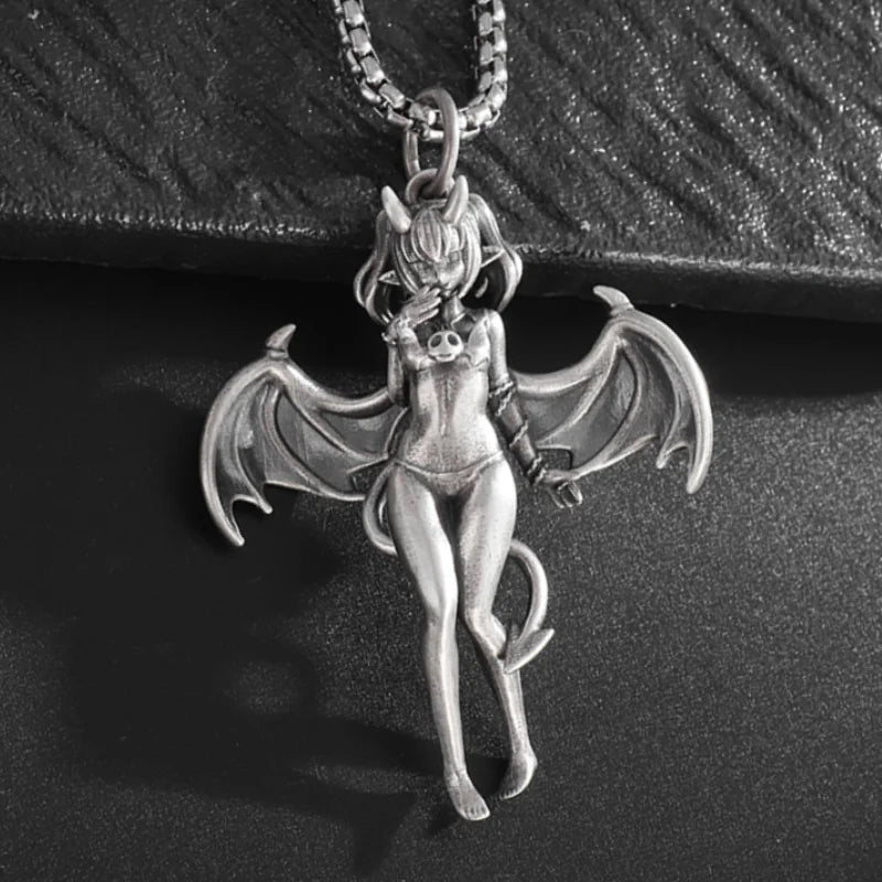 Exquisite Retro Sexy Devil Bat Girl Pendant Necklace for Men and Women Gothic Hip Hop Trend Cosplay Punk Jewelry