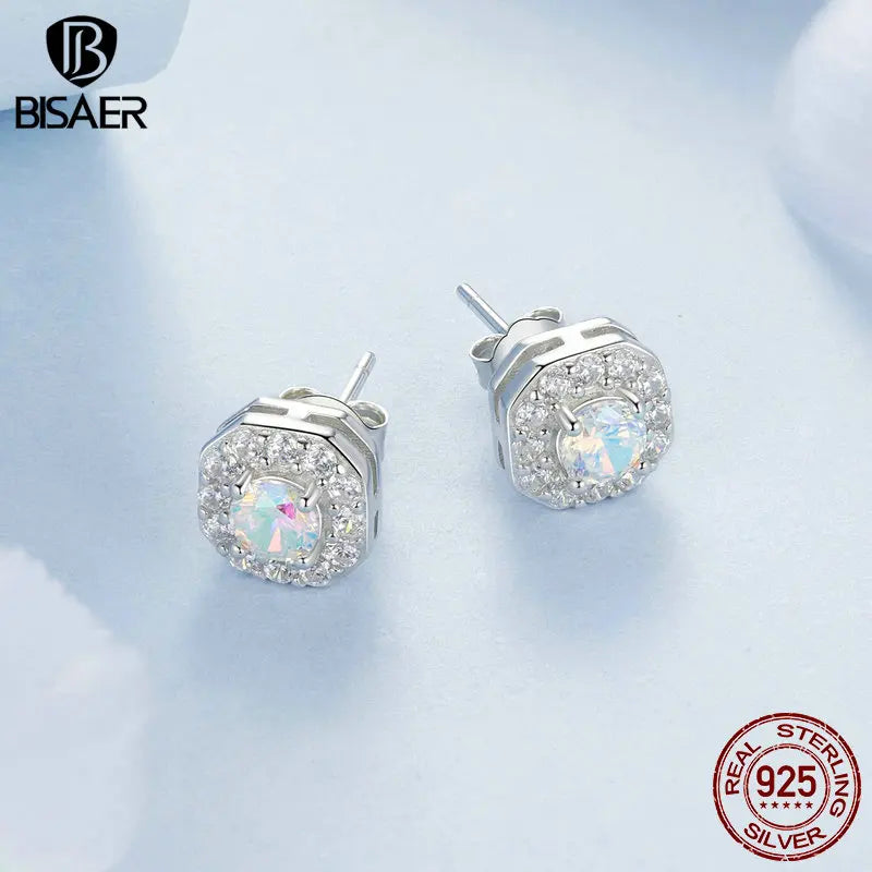 BISAER 925 Sterling Silver Iridescent Cube Stud Earrings Simple Geometry Stud Ear plated White Gold For Woman Party Fine Jewelry