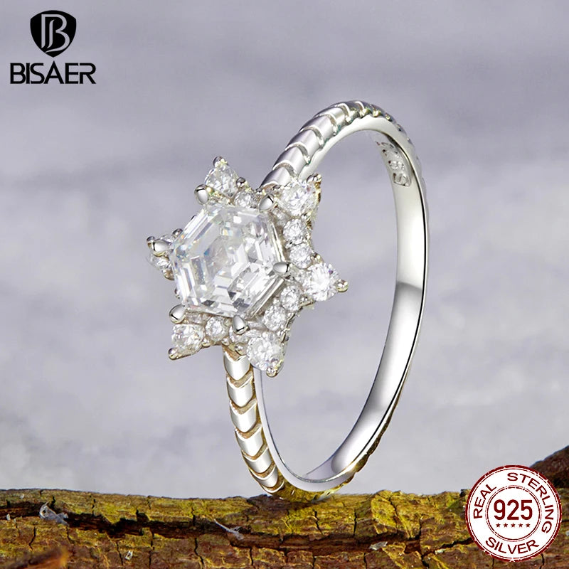 Bague en argent sterling 925 BISAER en forme de fleur de glace avec zircon scintillant plaqué or blanc pour femme, bijoux fins pour fête de mariage