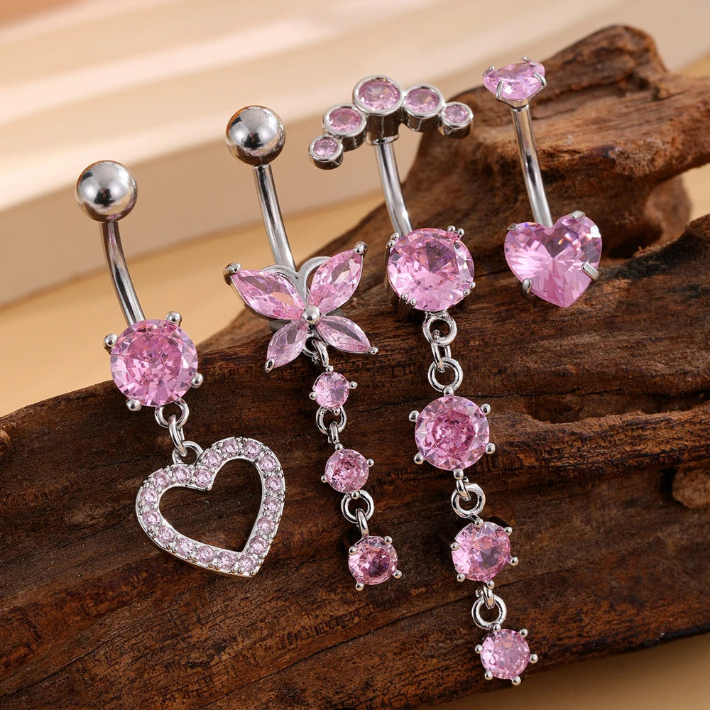 Butterfly Heart-shaped Belly Button Ring Sets Stainless Steel CZ Belly Rings Piercing Ombligo 14G Pink Zircon Navel Piercings