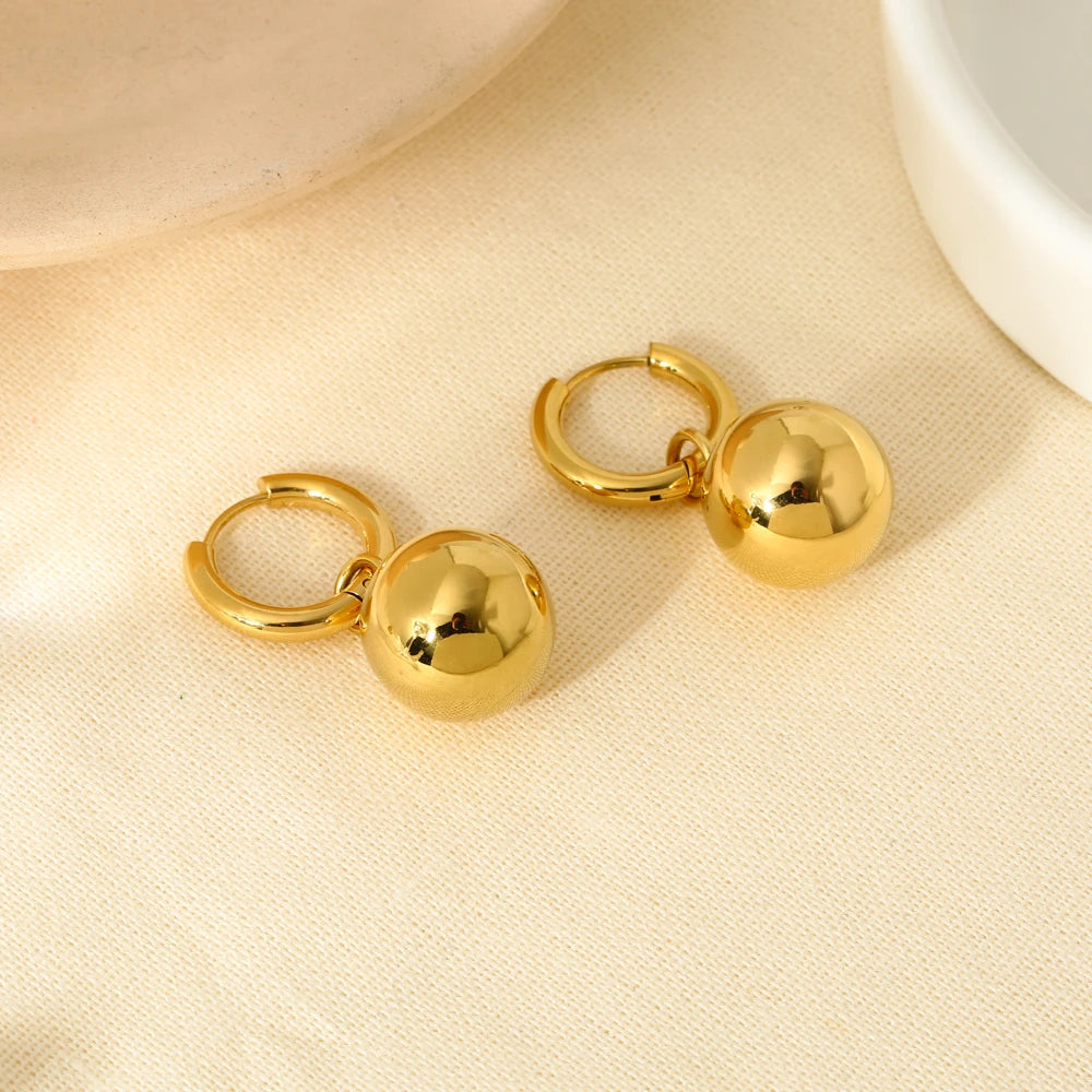 New 16K Gold Plated Convertible Earrings Stainless Steel Round Ball Dangle Earrings for Women Waterproof Jewelry Gift