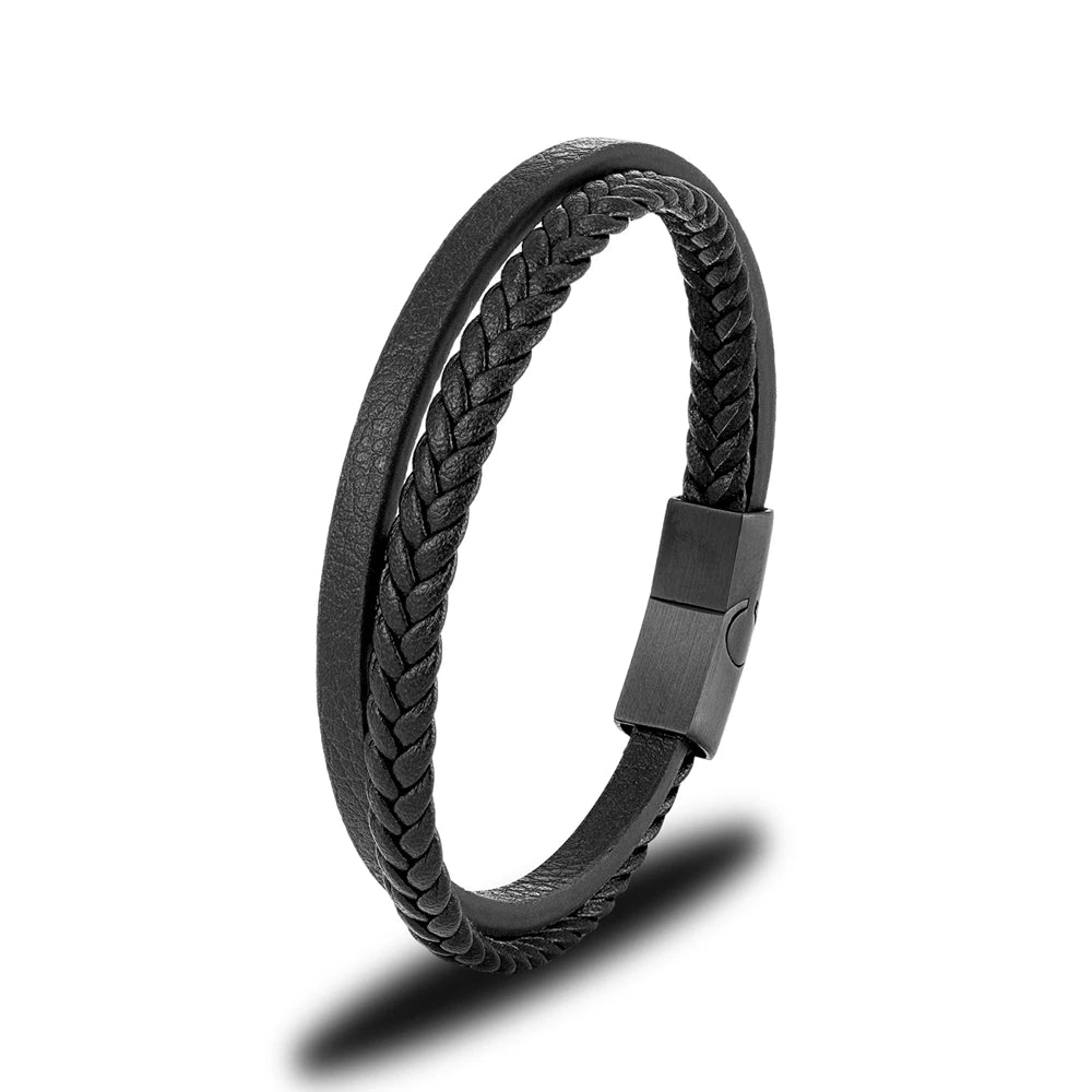 MKENDN Minimalist Men Double Strand Woven Leather Bracelet Matte Black Stainless Steel Buckle Accessories Handmade Jewelry Gifts