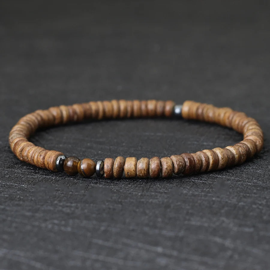 Noter New 4mm Men Natural Coconut Bead Bracelet Vintage Meditation Wooden Braclet Healing Braslet Tiger Eyes Stone Pulsera Homme