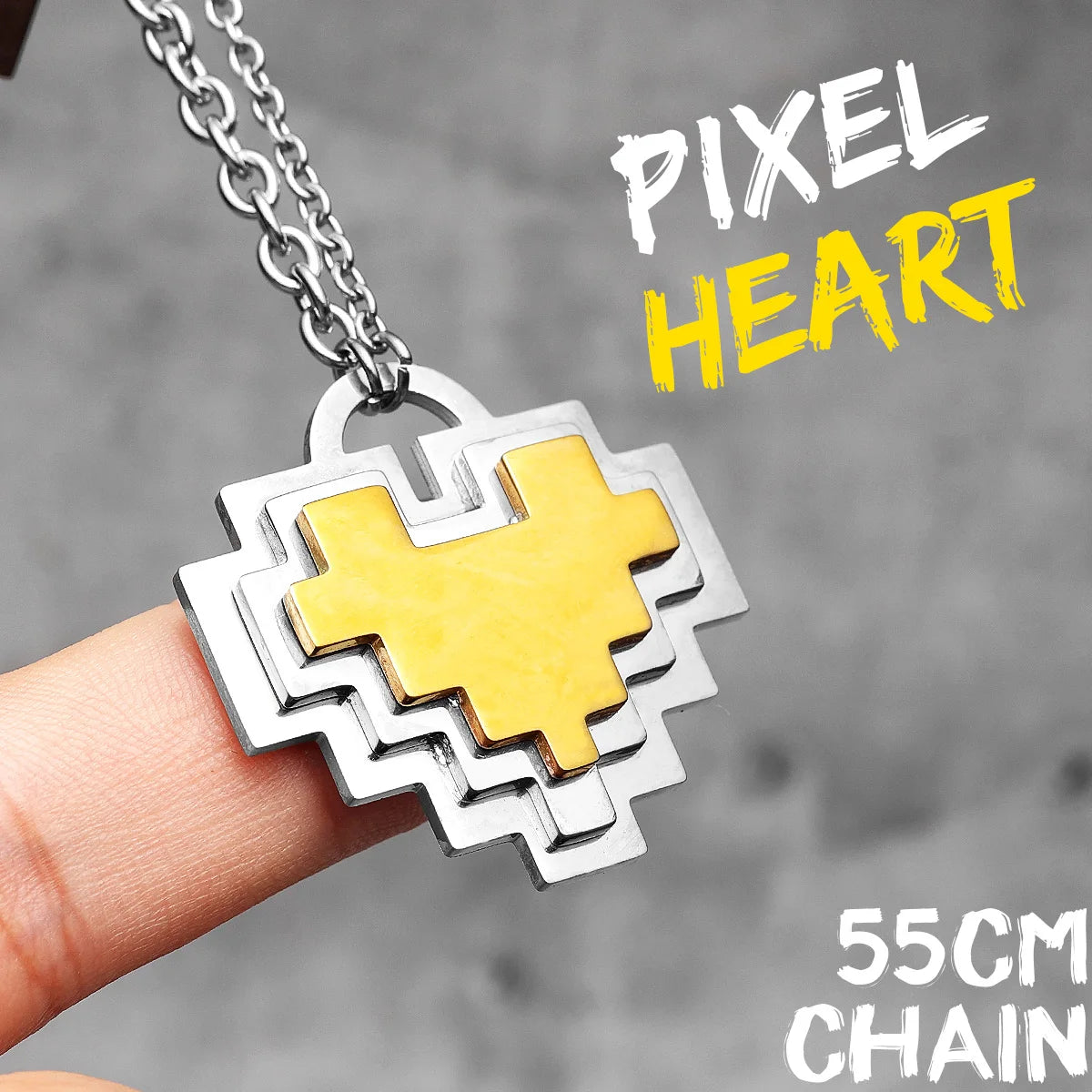 Collier avec pendentif en forme de cœur de style pixel pour homme, chaîne en acier inoxydable, style punk rock, créatif et stéréo, idéal comme cadeau pour homme