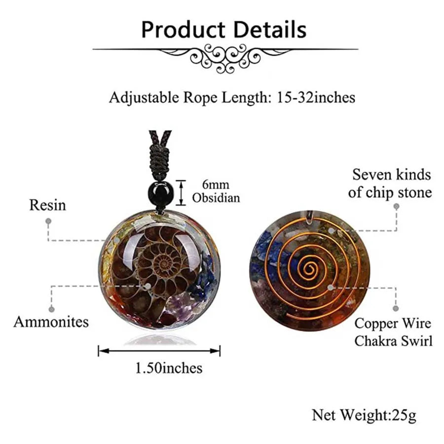 Natural Healing Crystal 7 Chakra Reiki Round Circle Shape Ammonite Resin Chip Stone Pendant Necklace Women Men Christmas Gifts