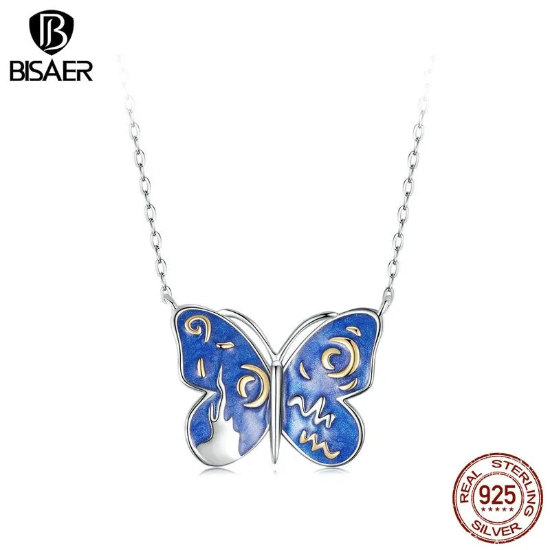 BISAER 925 Sterling Silver Starry Butterfly Pendant Necklace Blue Enamel Process Plated White Gold Women Party Fine Jewelry GIFT