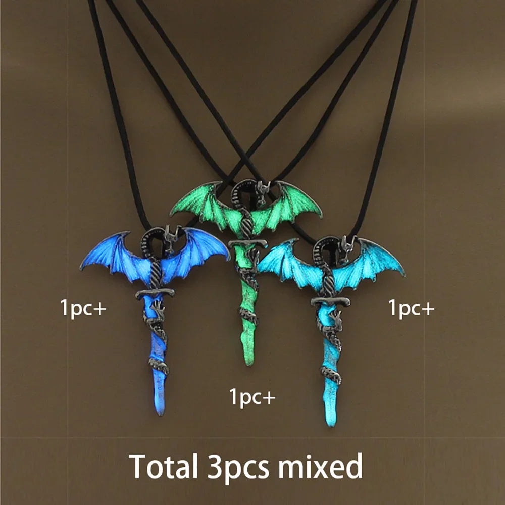 Luminous Glowing Night Fluorescence Glow In The Dark Sword Vintage Dragon Pendant Necklace for Men Women Party Hallowen