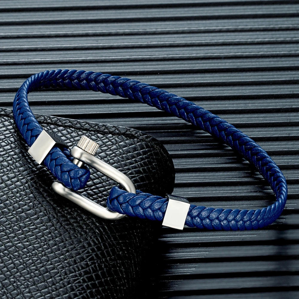 MKENDN Classic Simple Blue Braided Leather Bracelet Bangle Stainless Steel U-Shape Screw Shackle Buckle Jewelry For Men Women