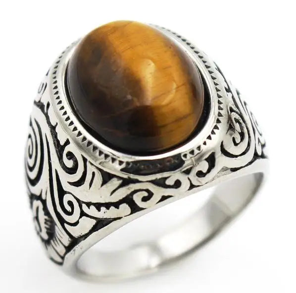 Vintage Man Boy Oval Tiger Eye Brown Stones Ring in Stainless Steel Jewelry Mens Accessories Anel Aneis