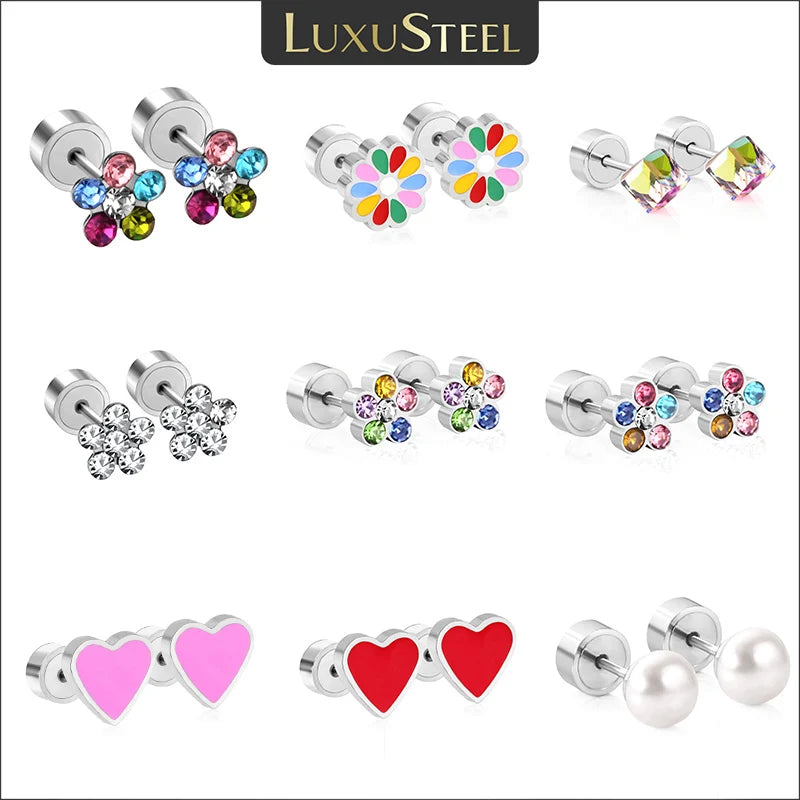 LUXUSTEEL Cute Baby Kids Girls Stud Earrings Stainless Steel Colorful Cubic Zircon Flower Anti-allergy Christmas Jewelry Gifts