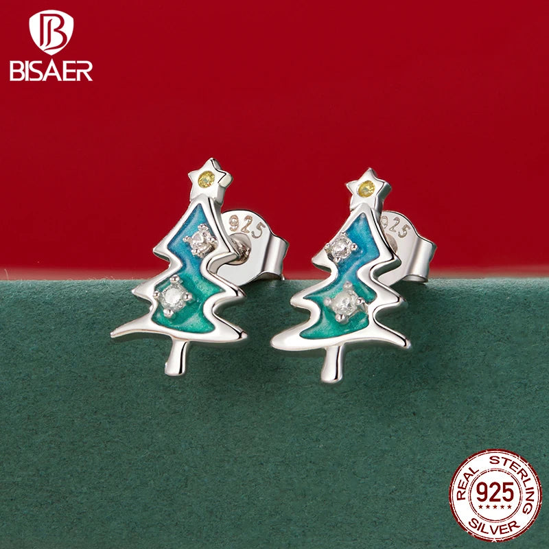 BISAER 925 Sterling Silver Christmas Tree Stud Earrings Enamel Process Hypoallergenic Earrings for Women Party Fine Jewelry Gift