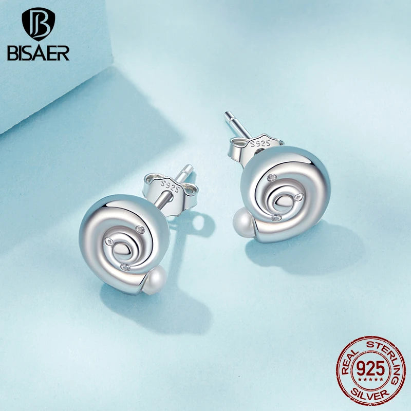 BISAER 925 Sterling Silver Cute Conch Shell Stud Earrings Symbol of Eternity Stud Ear Plated White Gold for Women Fine Jewelry