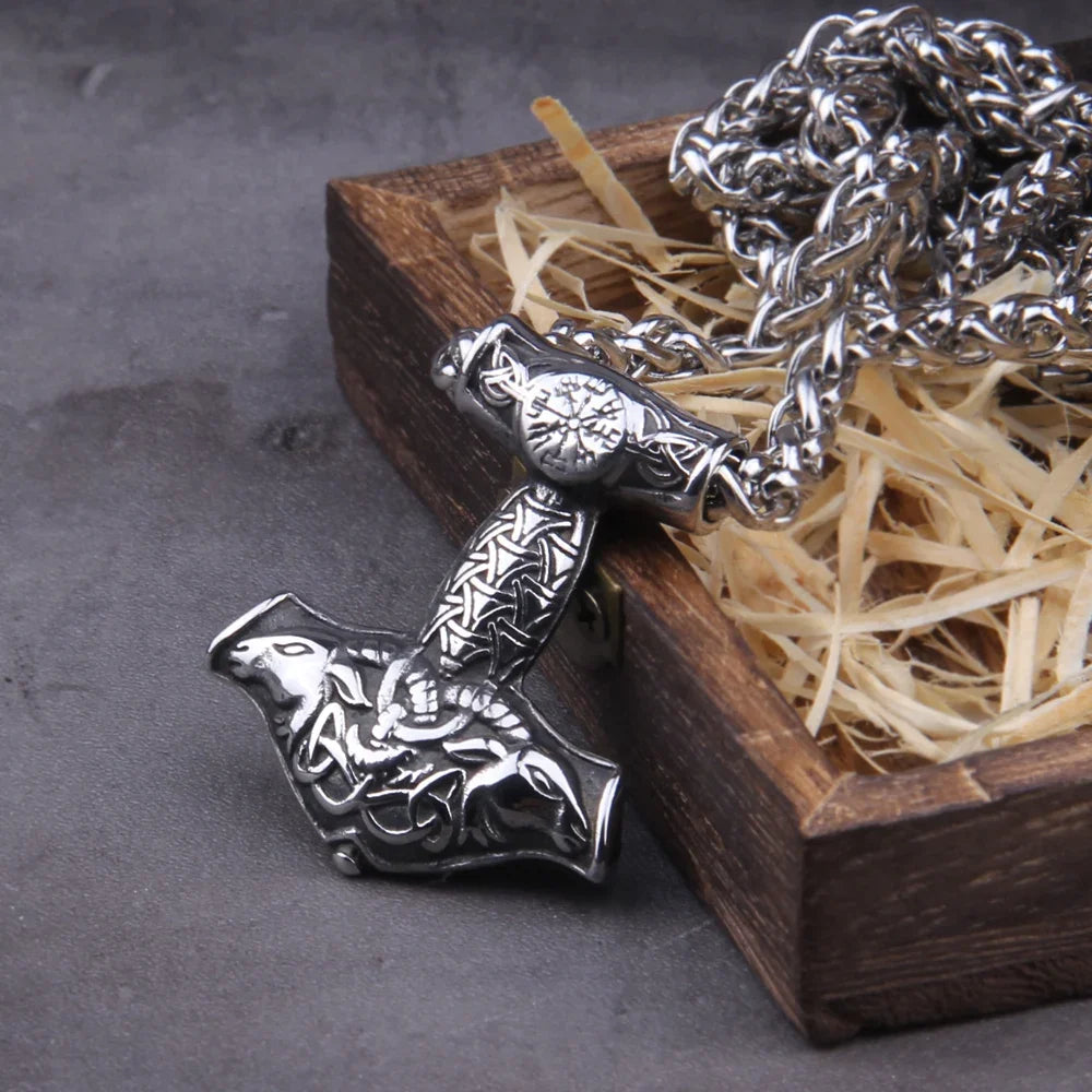 Fashion Valknut Viking Thor's Hammer Pendant Necklace With keel Chain As Men Gift with wooden box