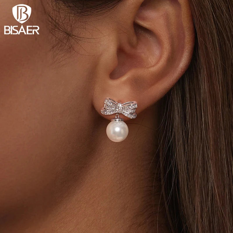 BISAER Classic Bowknot Pearl Stud Earrings Elegant Stud Ear Plated White Gold For Woman Party Engagement Fashion Jewelry YIE247