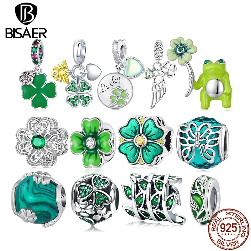 BISAER - Colgante de plata de ley 925 con forma de trébol de cuatro hojas, colgante de circonita cúbica verde, cadena de seguridad, apto para pulseras de la suerte para mujeres, joyería fina