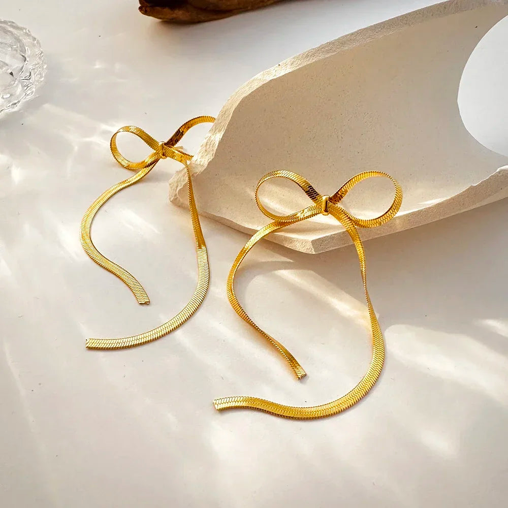 New Fashion Gold Color stainless steel Flat Snake Chain Knot Bow Earrings for Women Girls Bowknot Long Tassel Earring  Jewelry