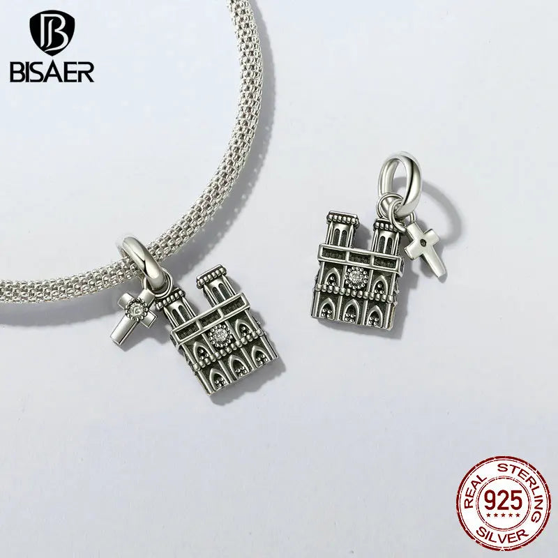 BISAER 100% 925 Sterling Silver Christ Redeemer Charms Beads Big Ben Tower of Pisa Pendant Fit Woman DIY Bracelet Fine Jewelry