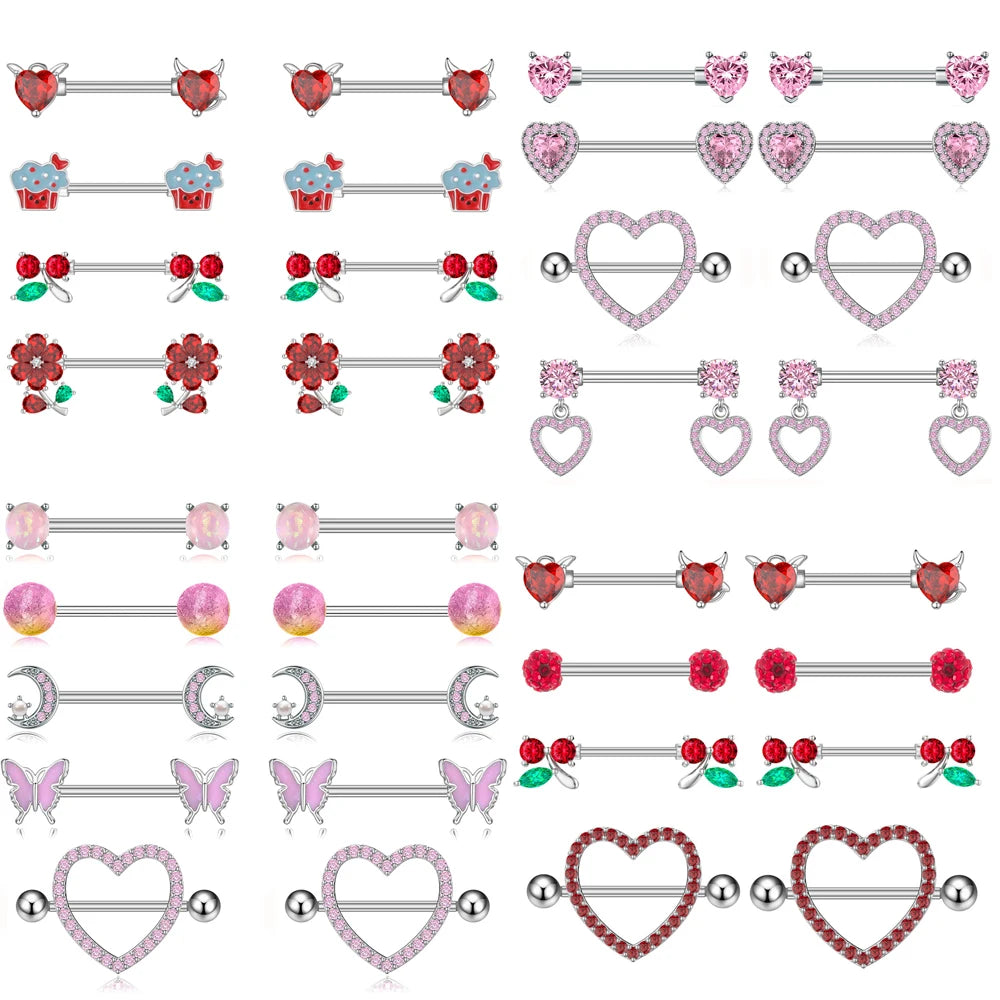 Mixed-Style Red Pink Crystal CZs Nipple Ring Sets 14G Heart Flower Cherry  Butterfly Nipple Piercings Lot Nipple Shield Barbell