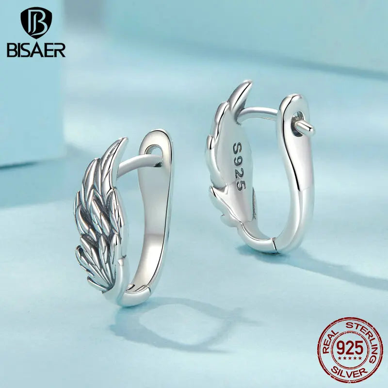 BISAER Boucles d'oreilles créoles en argent sterling 925 véritable avec ailes d'ange pour femmes, bijoux de fête, de mariage, de fien, cadeau ECE1795