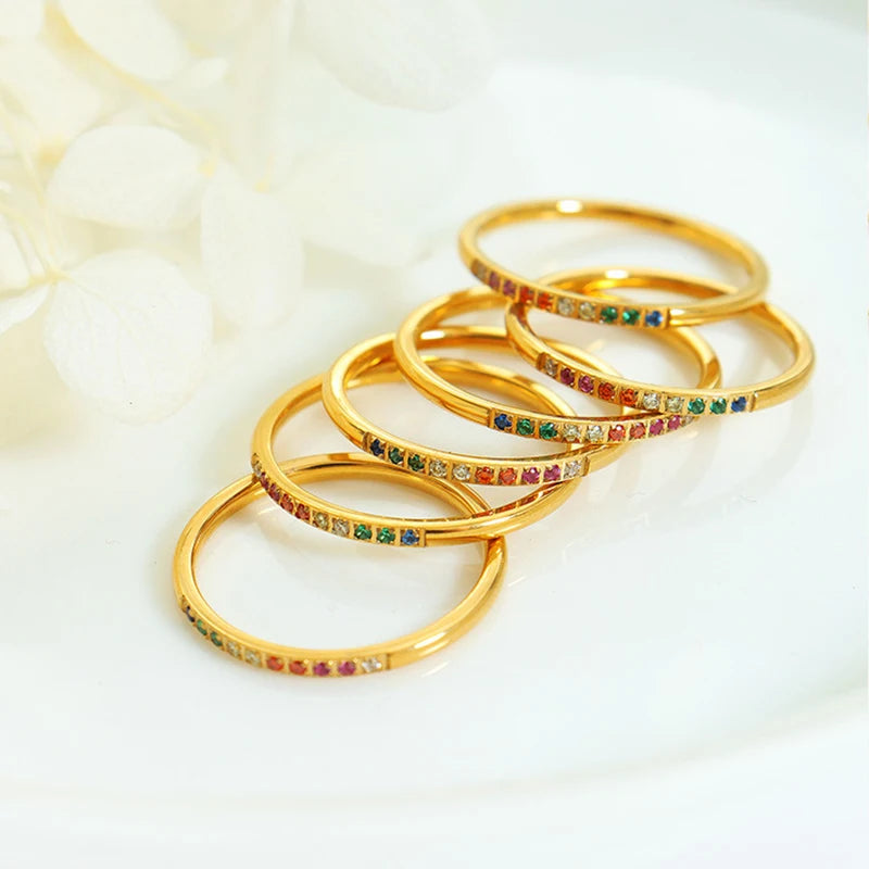 INS Stainless Steel Multi Color Cubic Zircon Stone Line Band Rings for Women Gold Plated Waterproof Stacker Ring Jewelry Gift