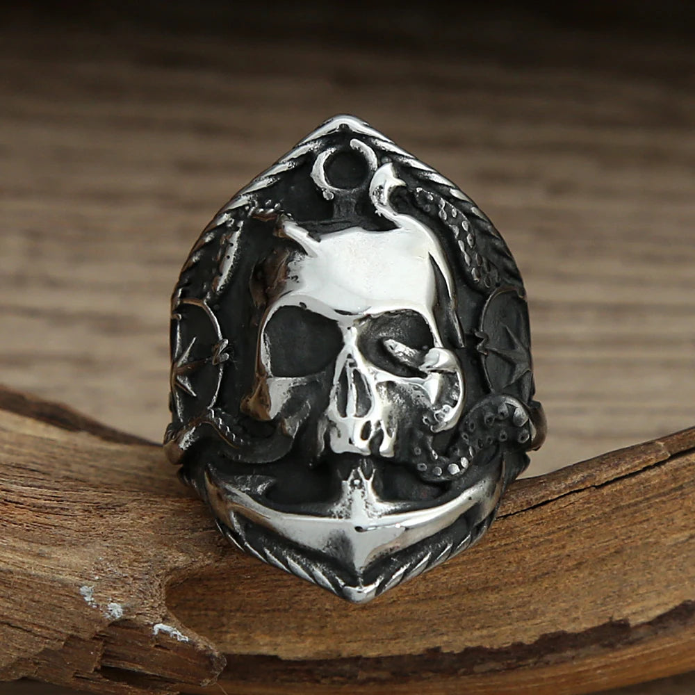 Unique Pirate Octopus Anchor Adsorption Compass Ring For Men 316L Stainless Steel Gothic Pirate Punk Skull Biker Ring Wholesale