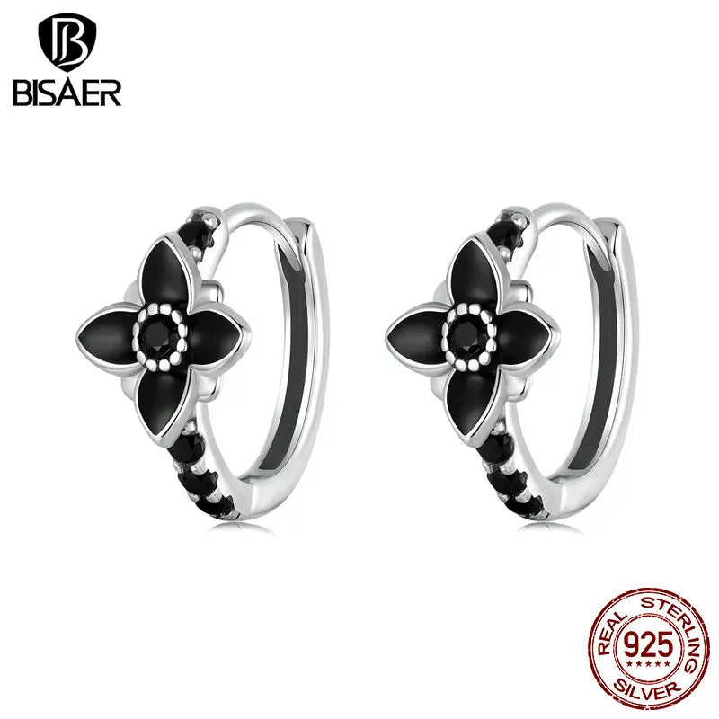 BISAER Real 925 Sterling Silver Vintage Nightfall Flower Stud Earring Black Enamel Process Stud Ear For Woman Party Fine Jewelry