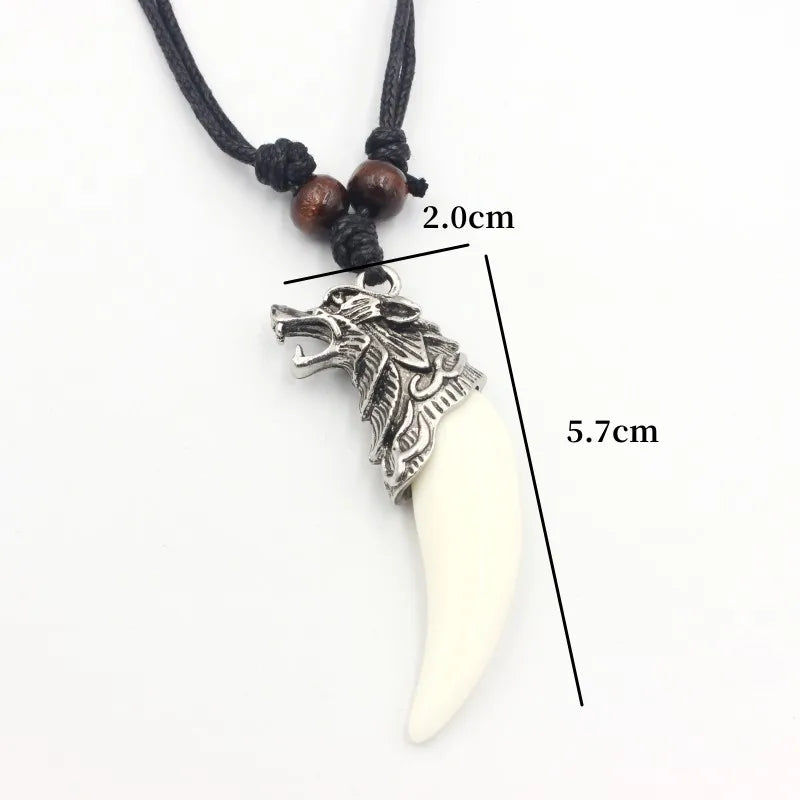 Vintage Silver Plated Wolf Tooth Pendant Necklace Acrylic White Tooth Charms Beads Sweater Chain Rope Amulet Gift