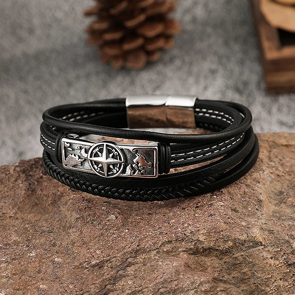 Vintage Viking Compass Stainless Steel Bracelet For Men Punk Charm MultiLayer Leather Bangles Fashion Jewelry Gifts Dropshipping