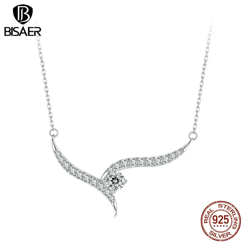 BISAER 925 Sterling Silver Sparkly Minimalist Line Pendant Necklace Adjustable Chain Plated White Gold for Woman Fine Jewelry