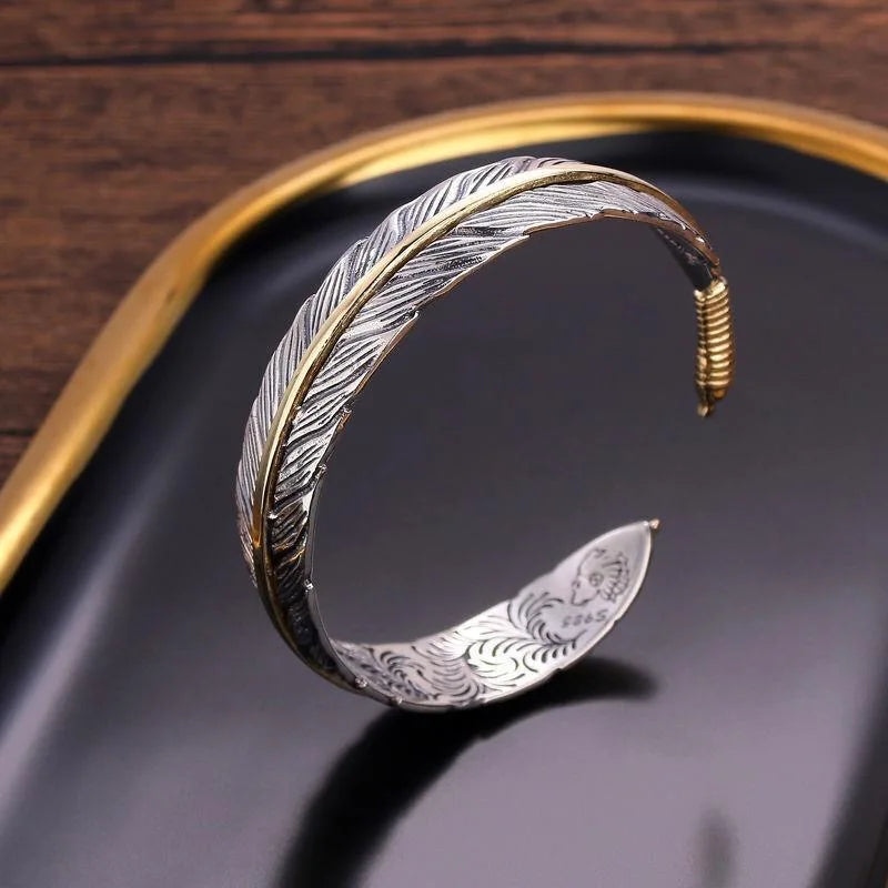 Personality Vintage Feather Silver Color Open Cuff Bracelet for Men Adjustable Bangle Jewelry Wrist Gift with wooden box