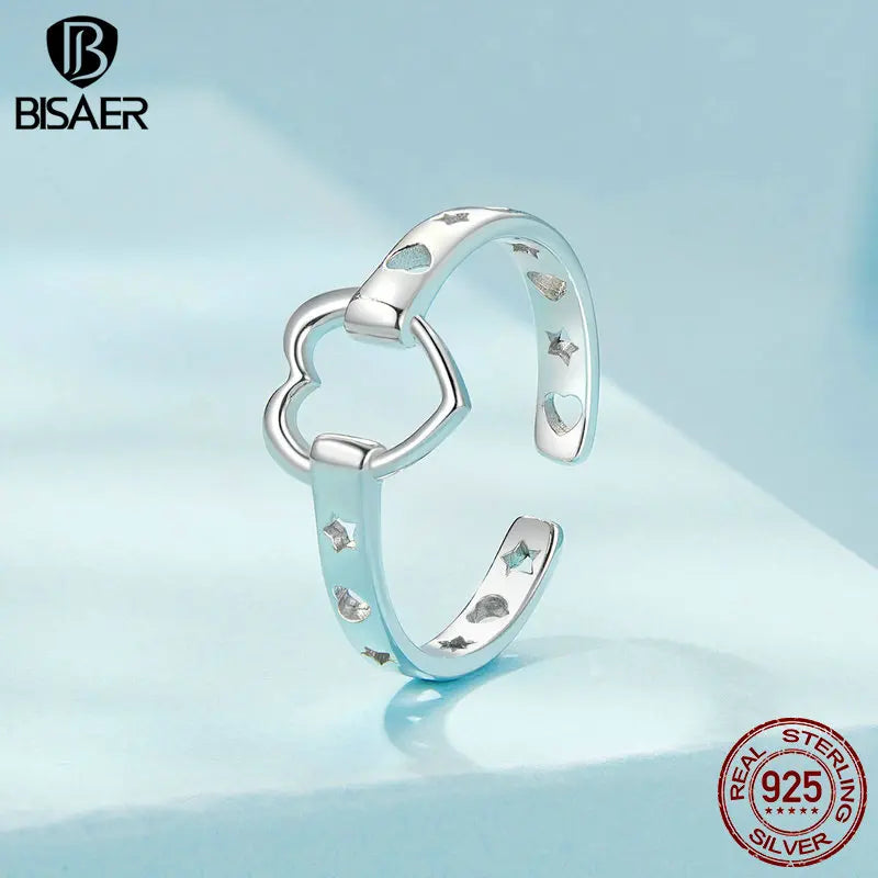 Bague ouverte en argent sterling 925 BISAER en forme de cœur creux empilable, plaquée or blanc pour couple, bijoux fins pour anniversaire