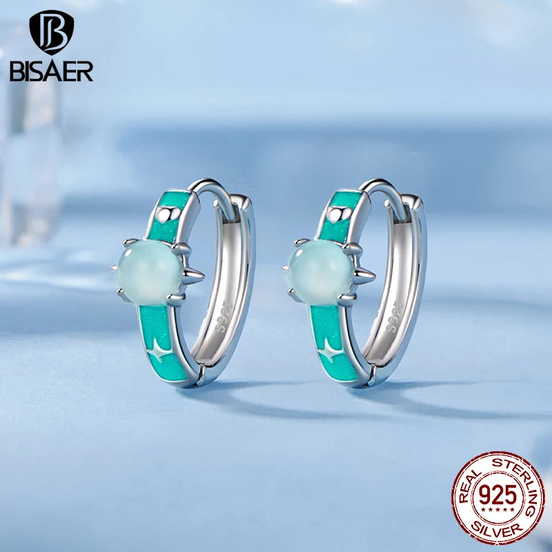 BISAER 925 Sterling Silver Green Planet Hoop Earrings For Elegant Woman Zircon Buckles Earrings Plated White Gold Fine Jewelry