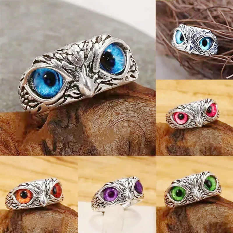 New Vintage Owl Rings For Women Men Design Multicolor Cat Eye Finger Rings Silver Color Adjustable Opening Animal Couple Jewelry