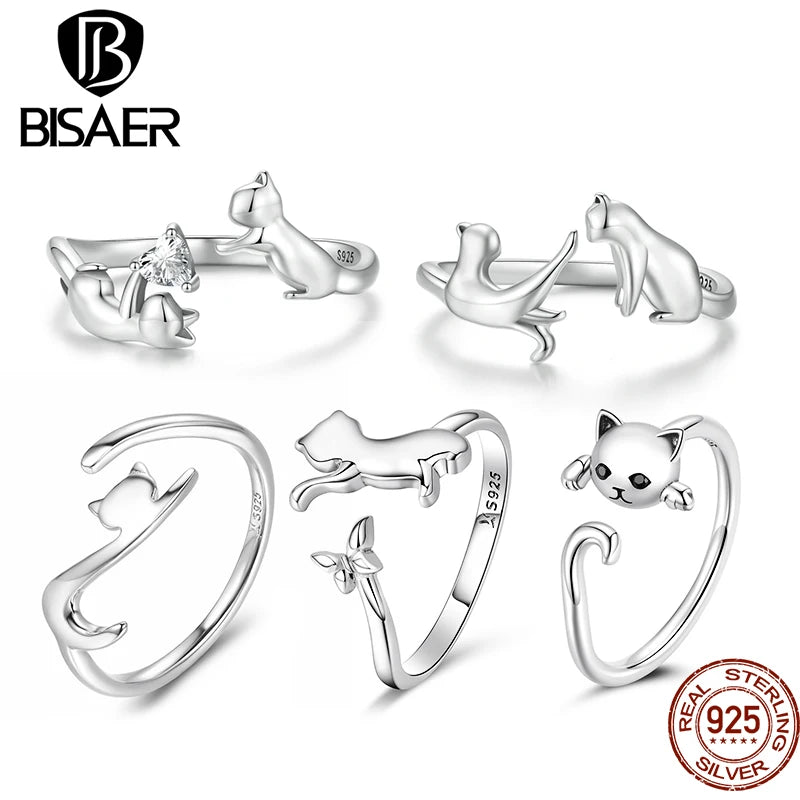 BISAER Anillos ajustables con forma de gato doble y bonito de plata de ley 925 auténtica, anillo abierto con forma de corazón de 6 a 9 circón, joyería de fiesta para mujer