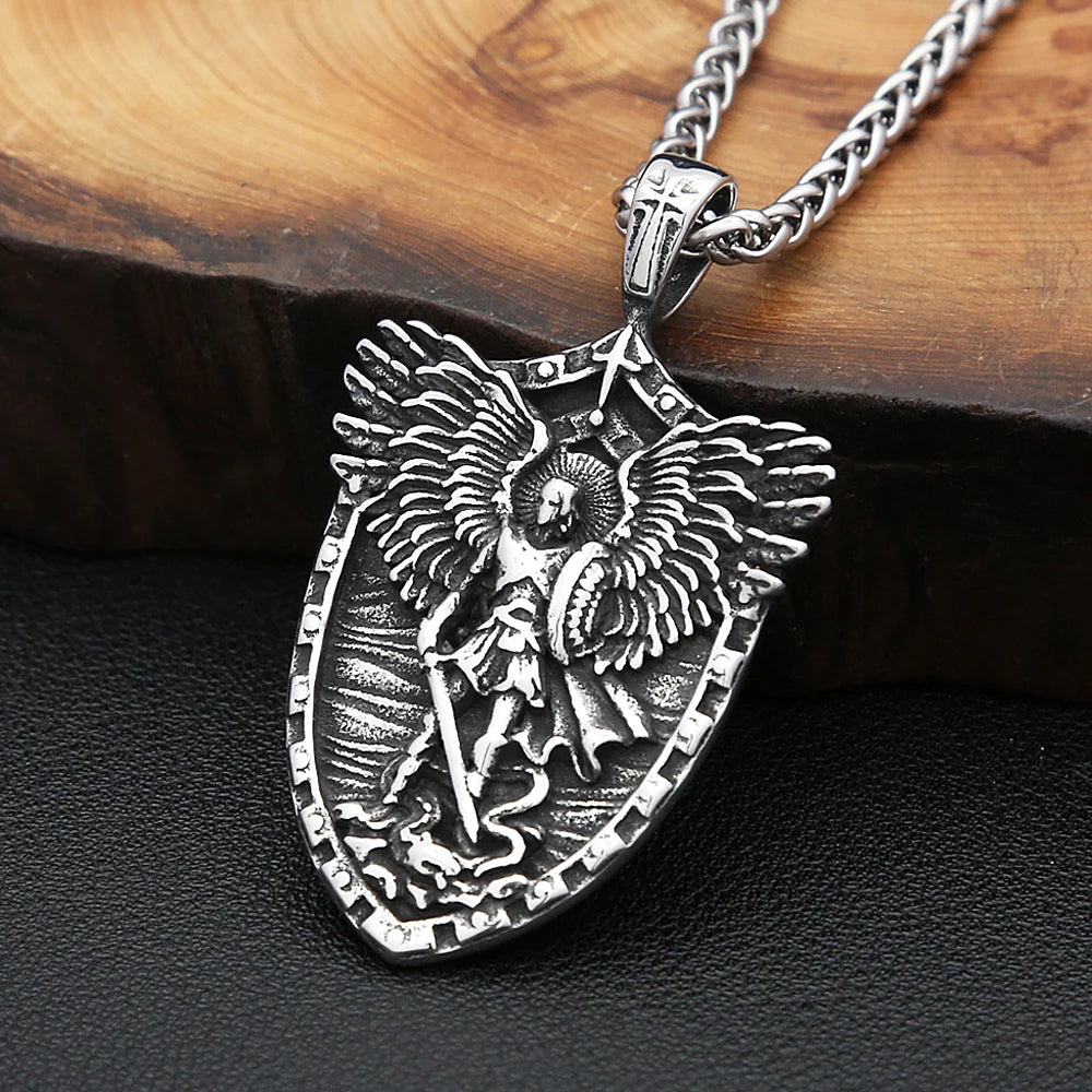 New Vintage Stainless Steel Stain Michael Pandent Necklaces Fashion Punk Angel Wings Necklace For Men Women Amulet Jewelry Gifts