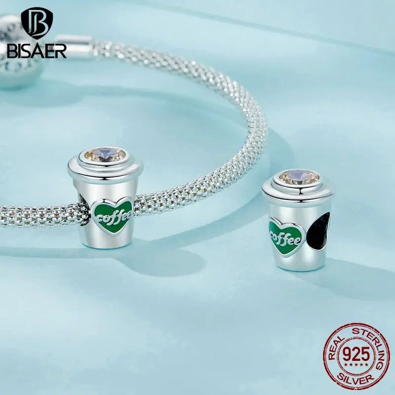 BISAER 100% 925 Plata esterlina Flor Taza de té Abalorio Colgante Taza de café Chapado en platino Ajuste Mujeres Pulsera DIY Joyería fina