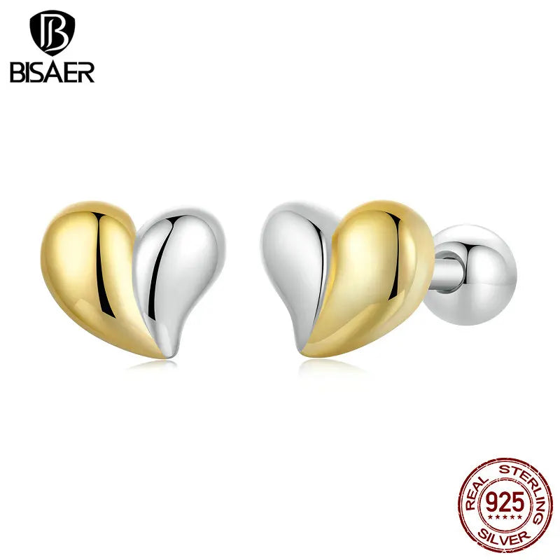 BISAER Real 925 Sterling Silver Two-tone Mini Heart Stud Earring Love Stud Plated Gold Ear For Woman Party Fine Jewelry EFE1089