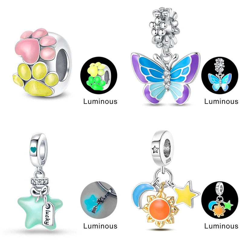 Luminous Charms Pendant Firefly Butterfly Stars 925 Silver Beads Fit Original Pandora Bracelets For DIY Birthday Jewelry Making