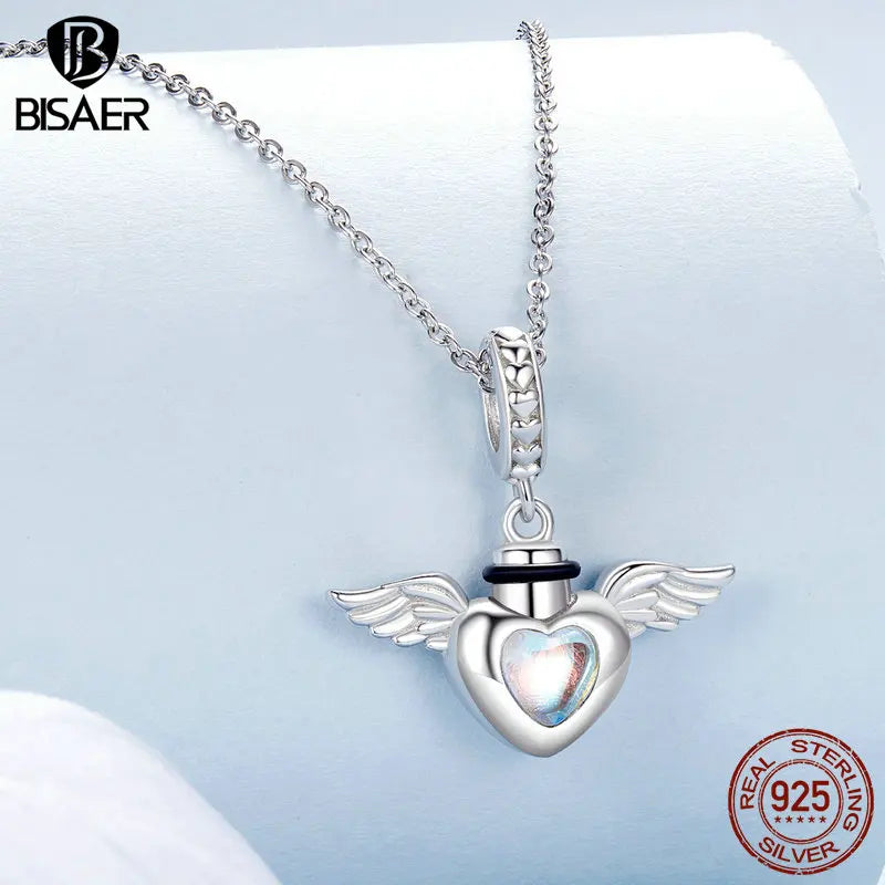 BISAER 925 Sterling Silver Pet Memorial Urn Ashes Pendant Heart Wing Charms Beads for Women DIY Bracelet & Necklace Fine Jewelry